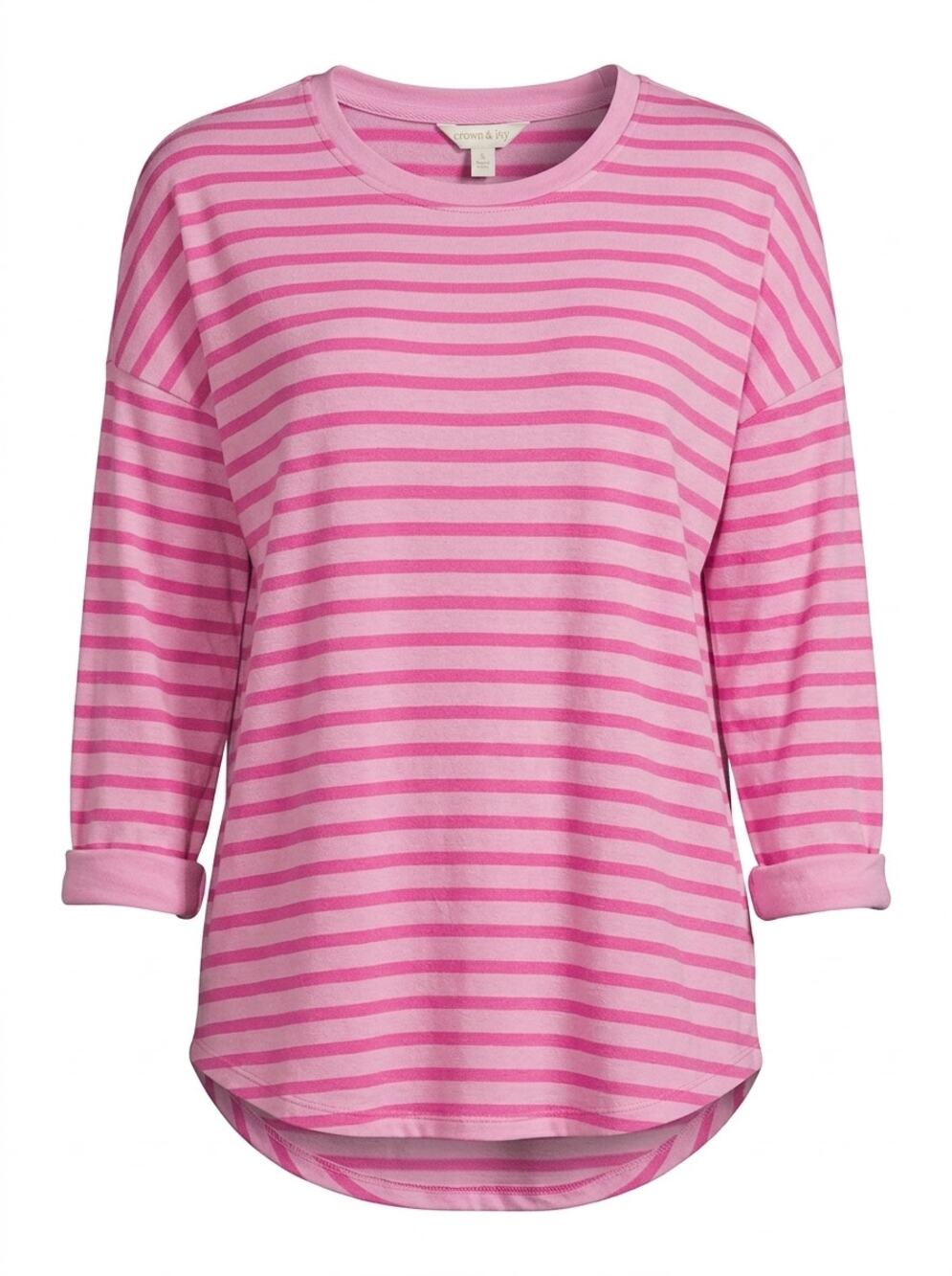 Crown & Ivy Pink Striped 3/4 Sleeve Knit T-Shirt Top Women Size S